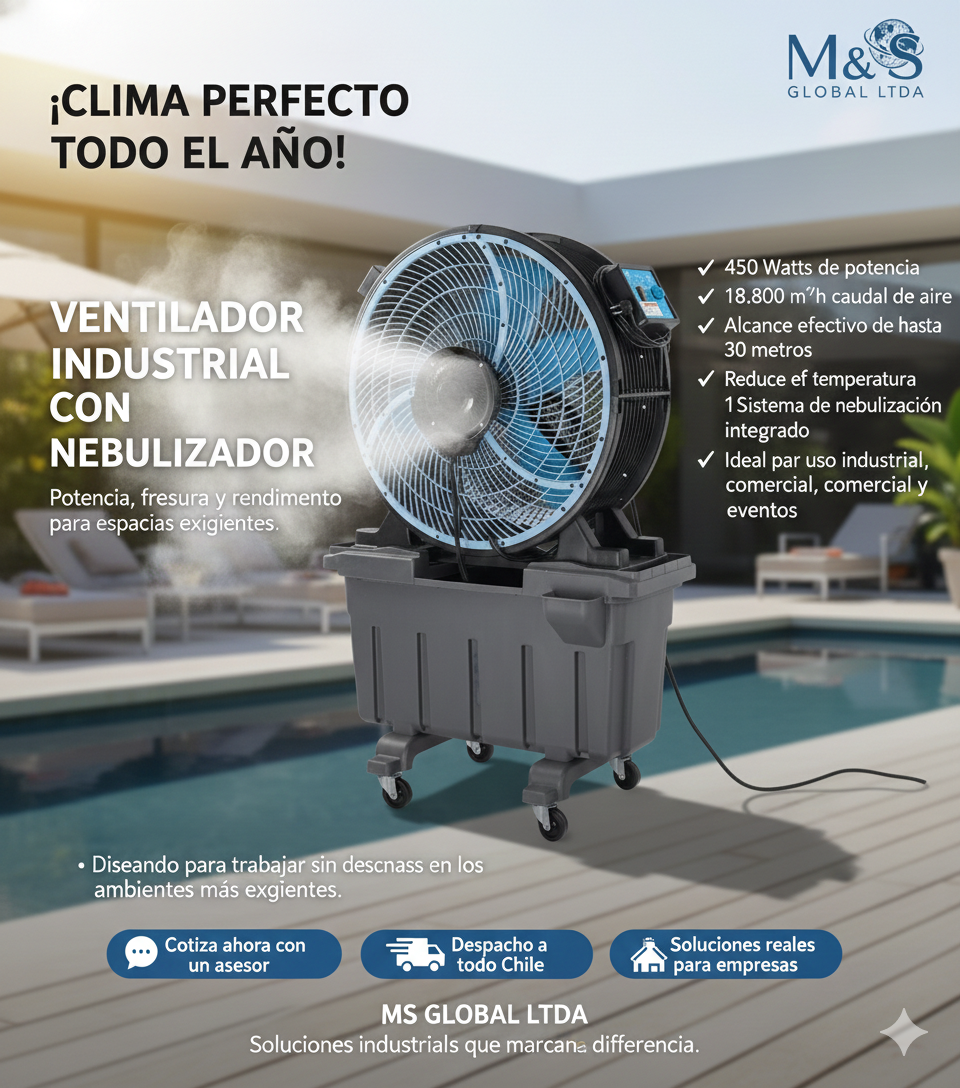 Ventilador Industrial con Nebulizador 500W | Tanque 80L | 18.880 m³/h